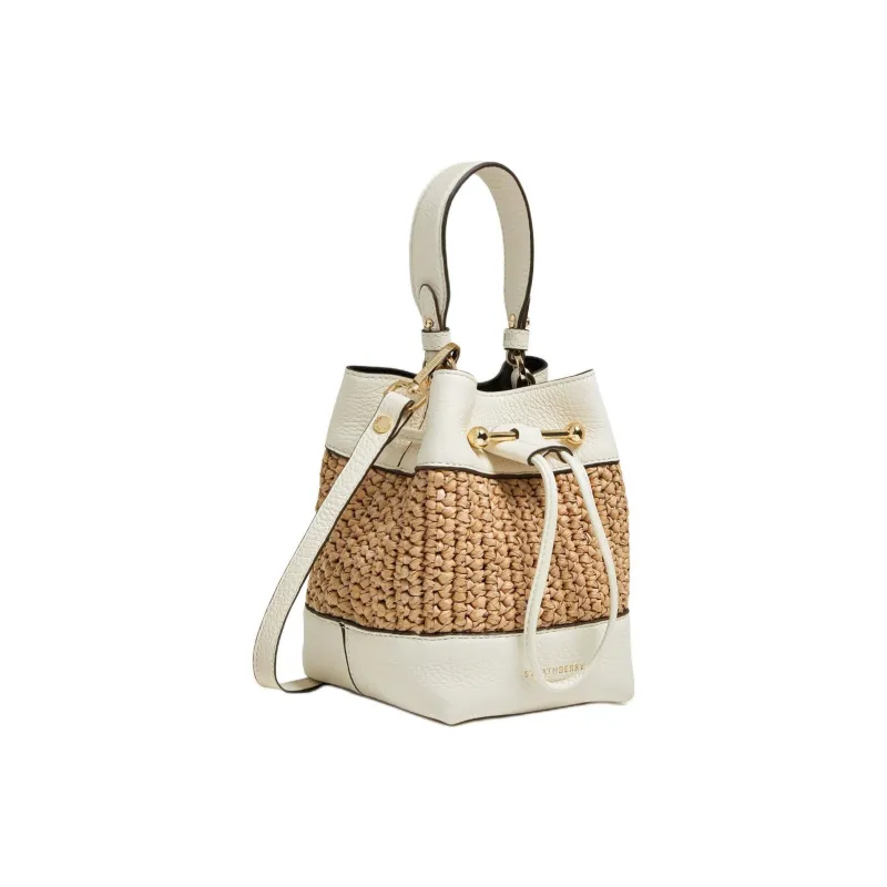 Strathberry Raffia Grained Cow Leather Bucket Bag Handbag Shoulder Bag Crossbody Bag Women's Natural & White-1
