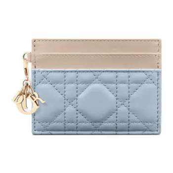 DIOR Lady Dior Lambskin Card Clip Card Holder Women's Light Blue & Pink Beige