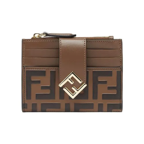 FENDI Calfskin Card Clip Card Holder Regular Women's Brown