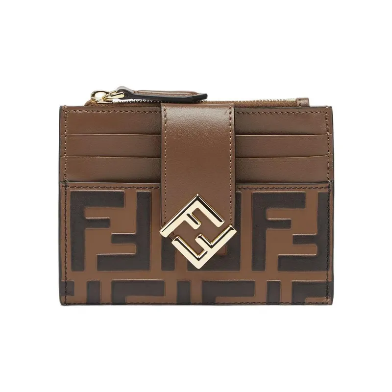 FENDI Calfskin Card Clip Card Holder Regular Women's Brown-0