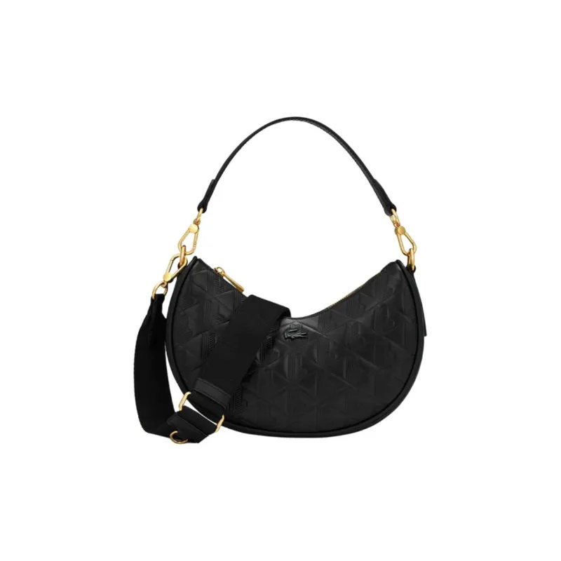LACOSTE Cow Leather Shoulder Bag, Crossbody Bag, Handbag Medium Size Women's Black-0