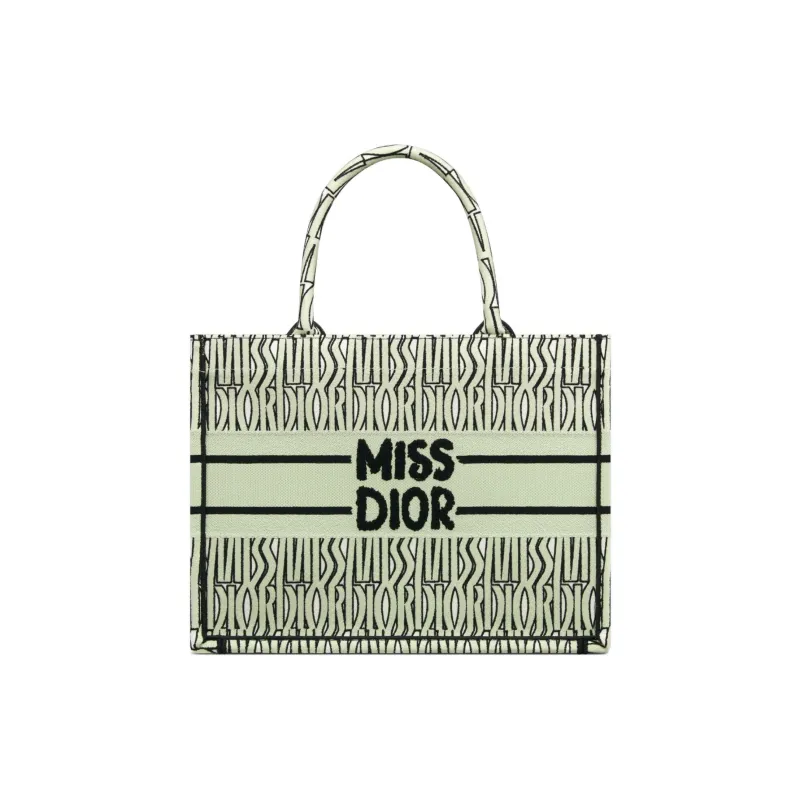 DIOR Embroidery Tote Bag Shopping Bag Handbag Medium Size Women's White With Light Green Accents-1