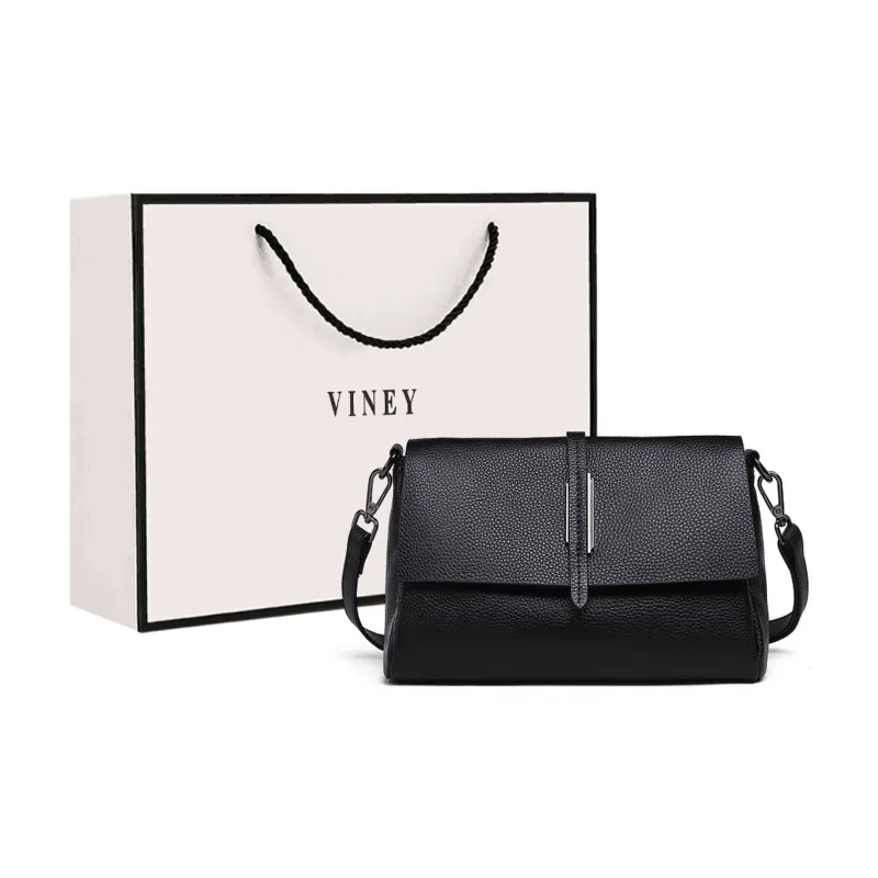 VINEY Cow Leather Shoulder Bag Crossbody Bag Mom Bag Small Size Women's Black-0