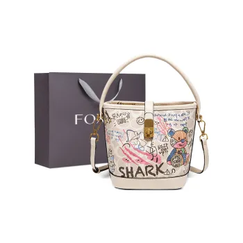 FOXER Synthetic Leather Bucket Bag, Travel Bag, Handbag Regular Women's Mysterious Black/Cream White/First Love Pink