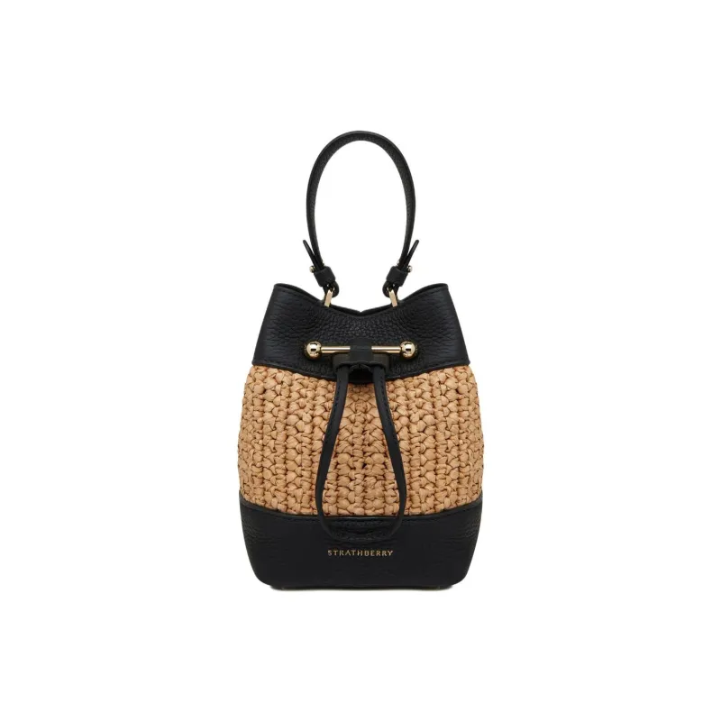 Strathberry Raffia Fiber With Grained Calfskin Bucket Bag Handbag Shoulder Bag Crossbody Bag Women's Natural & Black-0