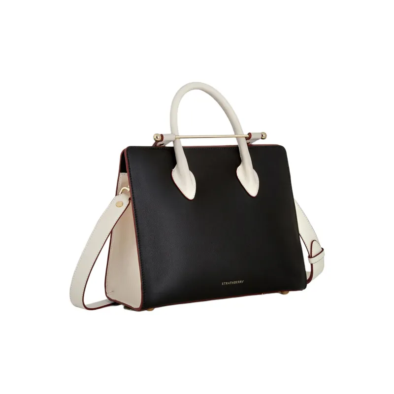Strathberry Cow Leather Tote Bag Shopping Bag Shoulder Bag Crossbody Bag Handbag Medium Size Women's Black & White-1