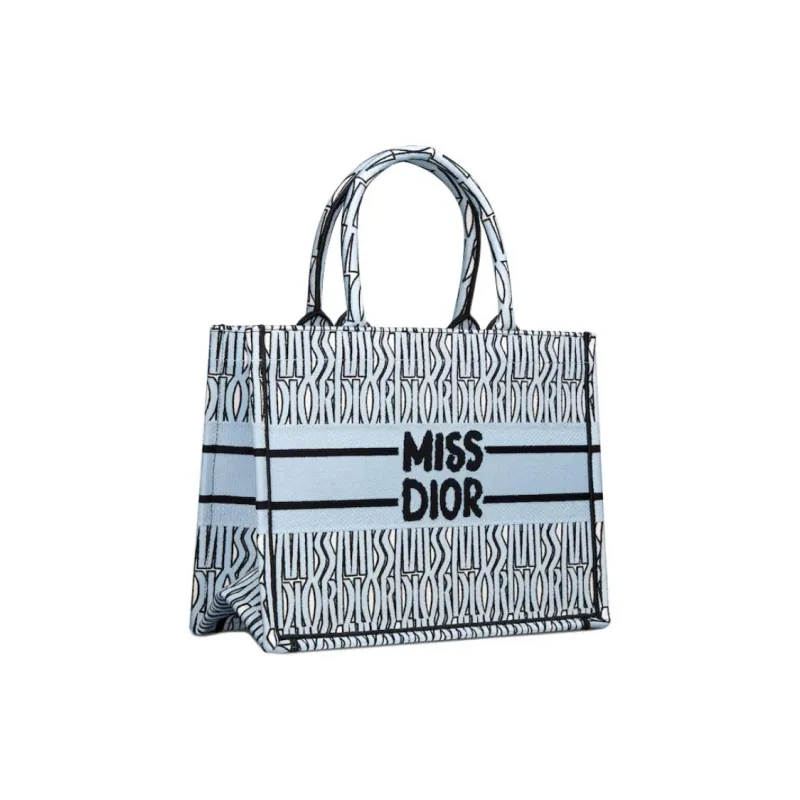 DIOR BookTote Embroidery Tote Bag Shopping Bag Handbag Medium Size Women's Light Blue & Black-1