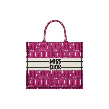 DIOR BookTote Embroidery Tote Bag Shopping Bag Handbag Large Size Women's Fuchsia & Black
