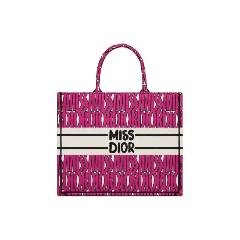 DIOR BookTote Embroidery Tote Bag Shopping Bag Handbag Large Size Women's Fuchsia & Black-0