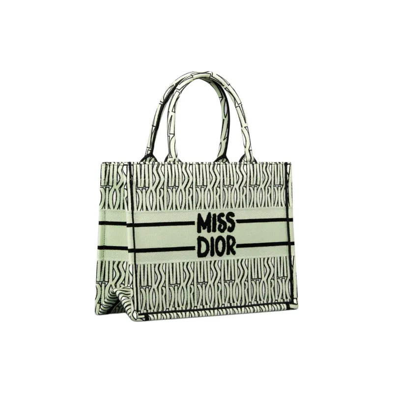 DIOR Embroidery Tote Bag Shopping Bag Handbag Medium Size Women's White With Light Green Accents-2