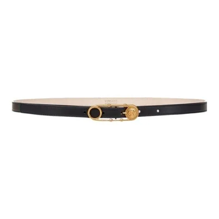 VERSACE Logo Design Smooth Buckle Genuine Leather Leather Belts Women's Black Width 1.6CM-0