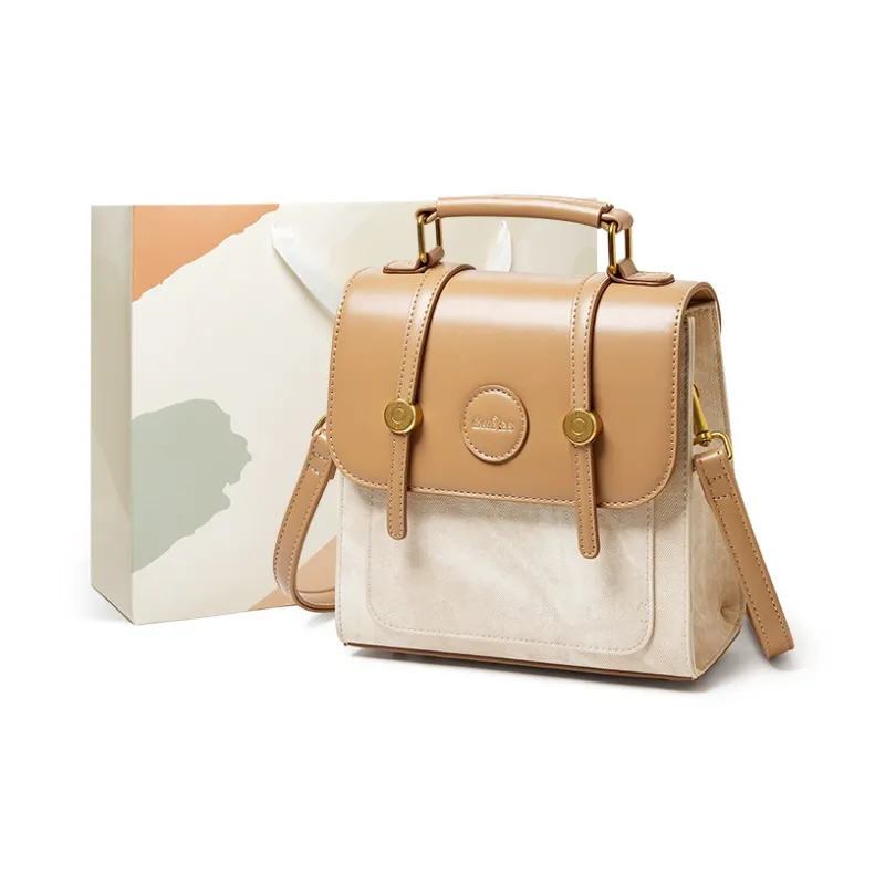 15 MINS Synthetic Leather Backpack Women's Khaki & Black/Beige White & Apricot-4