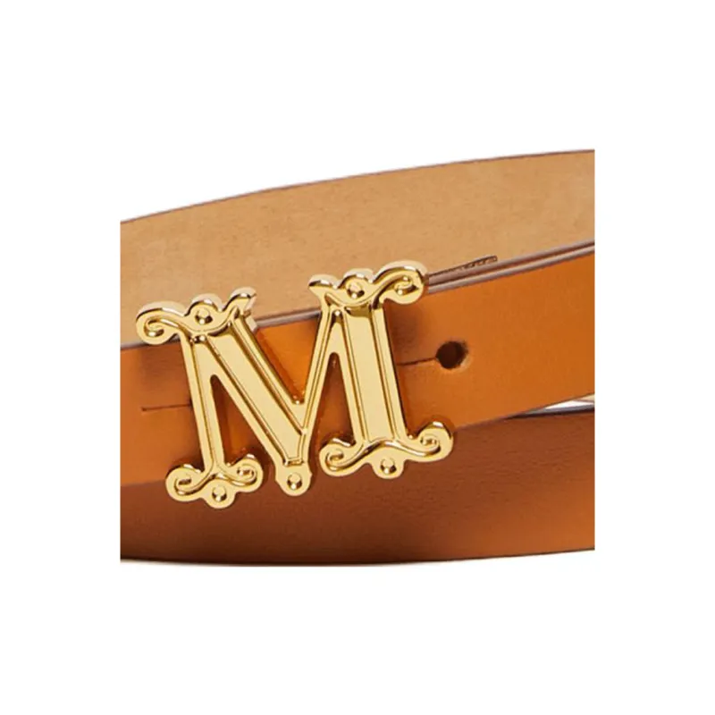 MaxMara Letter Emblem Design Smooth Buckle Cow Leather Leather Belts Women's Umber Width 1.5CM-2
