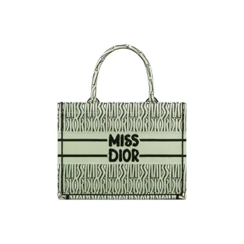 DIOR Embroidery Tote Bag Shopping Bag Handbag Medium Size Women's White With Light Green Accents