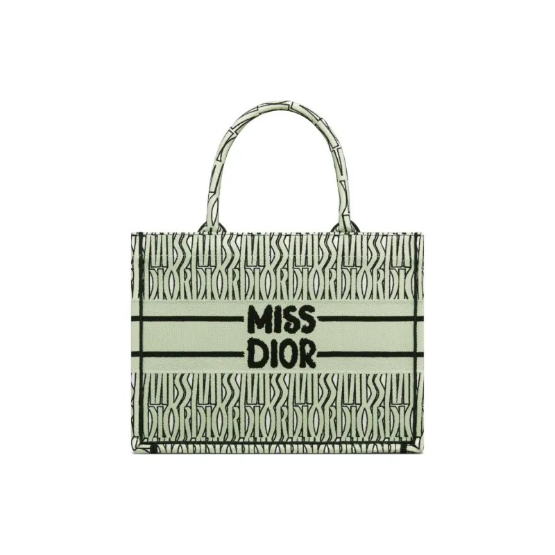 DIOR Embroidery Tote Bag Shopping Bag Handbag Medium Size Women's White With Light Green Accents-0