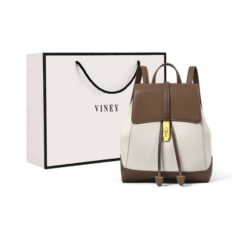 VINEY Cow Split Leather Bonded Synthetic Leather Backpack Large Size Women's White & Coffee-0