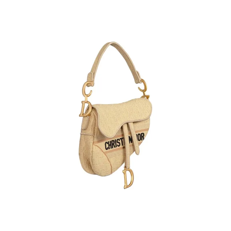 DIOR Saddle Embroidered Patchwork Raffia Saddle Bags One Shoulder Handbags Women's Beige-1