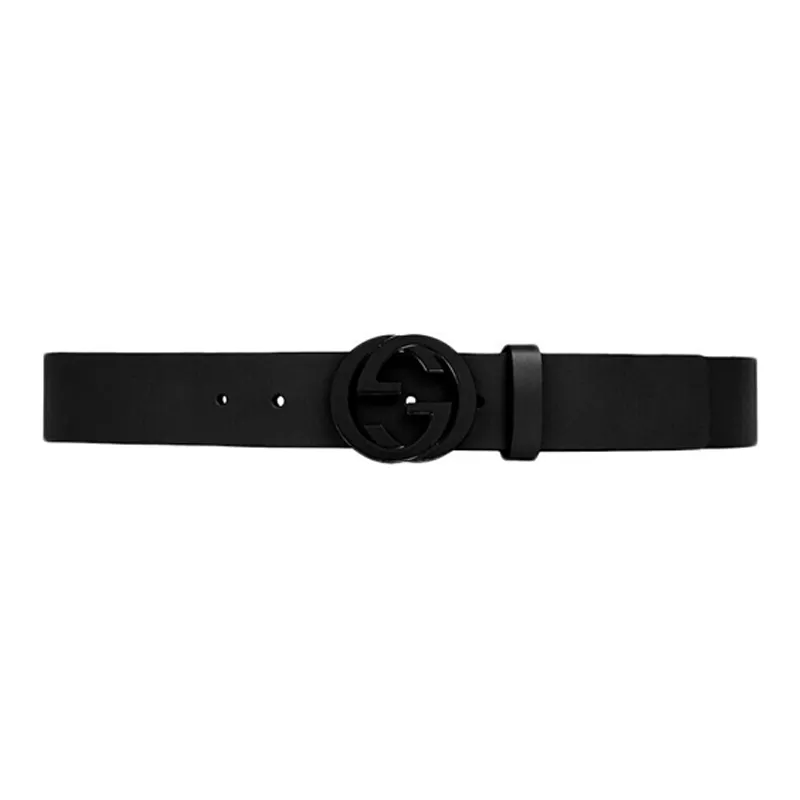 GUCCI Double G Interlocking Buckle Leather Belts Men's Black Width 3.7cm-0