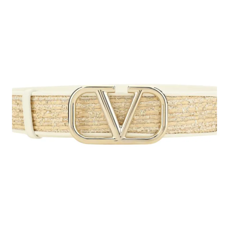 Valentino Logo Decoration Pin Buckle Raffia Leather Belts Women's Gold 4cm-2