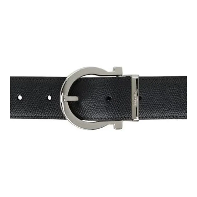 FERRAGAMO Badge Brogues Design Calfskin Hardware Leather Belts Men's Black Width: 4CM-2