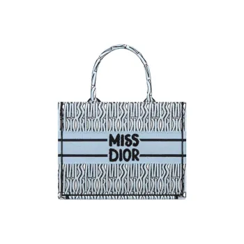 DIOR BookTote Embroidery Tote Bag Shopping Bag Handbag Medium Size Women's Light Blue & Black