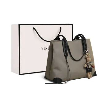 VINEY Oxford Stitched Synthetic Leather Tote Bag Handbag Shoulder Bag Large Size Women's Khaki Black/Black/Khaki Brown