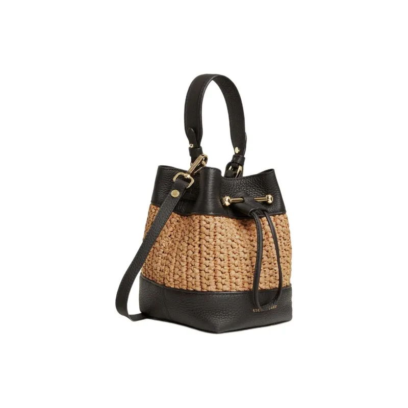 Strathberry Raffia Fiber With Grained Calfskin Bucket Bag Handbag Shoulder Bag Crossbody Bag Women's Natural & Black-1