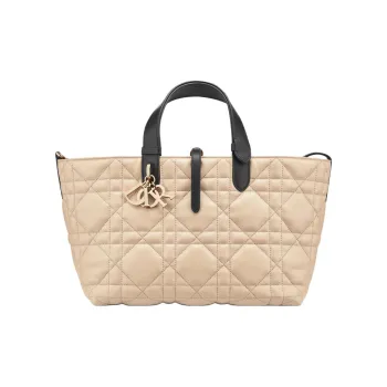DIOR Extra Large Wicker Pattern Cow Leather One Shoulder Handbags Medium Size Women's Beige & Black Rope