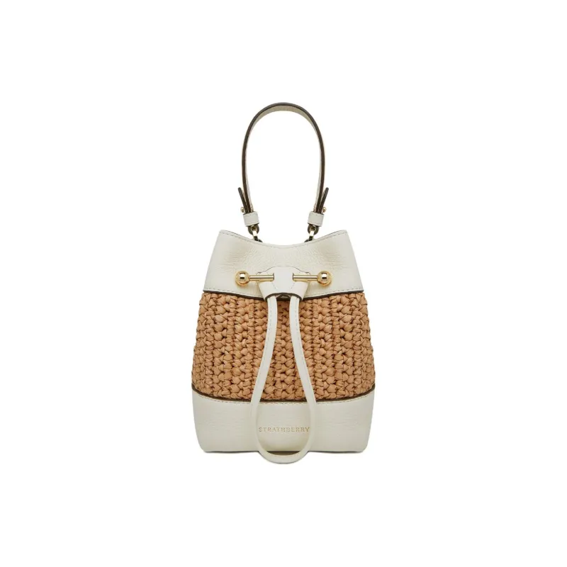 Strathberry Raffia Grained Cow Leather Bucket Bag Handbag Shoulder Bag Crossbody Bag Women's Natural & White-0