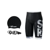 Black Swimming Shorts+Swim Goggles+Swimming Cap Three-Piece Set, Includes Nose Clips/Ear Plugs