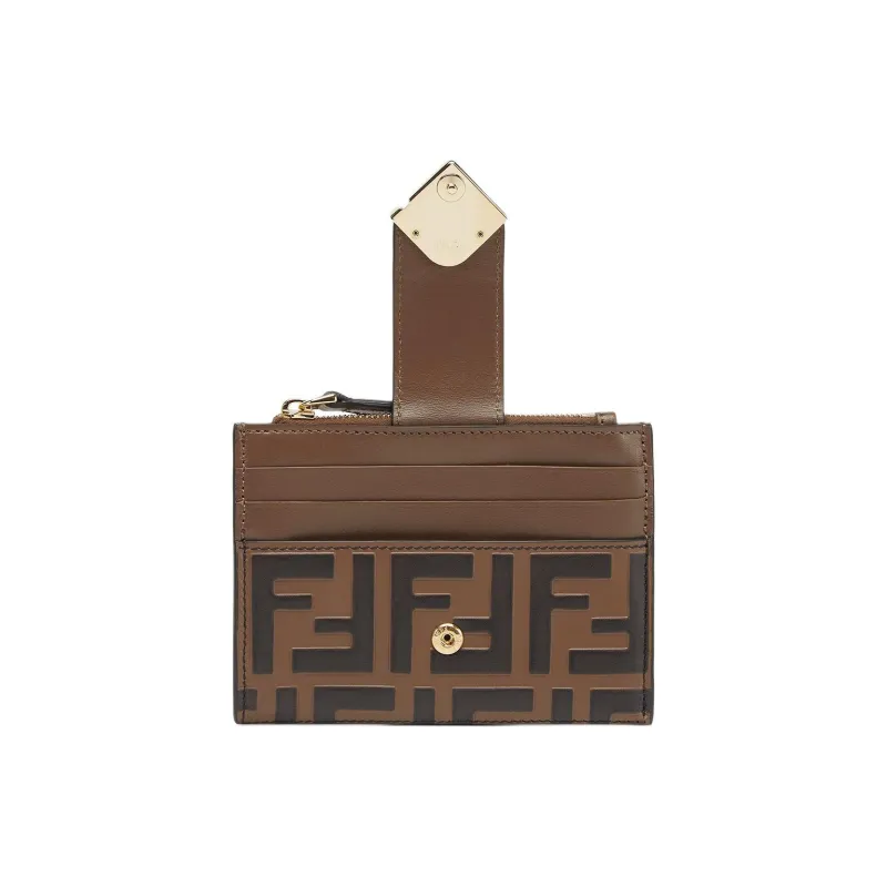 FENDI Calfskin Card Clip Card Holder Regular Women's Brown-2