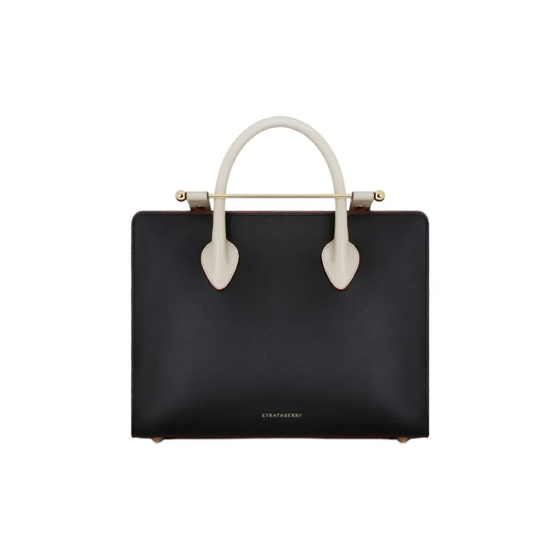 Strathberry Cow Leather Tote Bag Shopping Bag Shoulder Bag Crossbody Bag Handbag Medium Size Women's Black & White-0