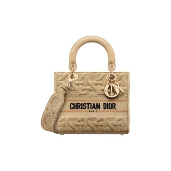 DIOR Lady D Lite Wicker Pattern Embroidery Shoulder Bag, Crossbody Bag, Handbag Medium Size Women's Beige