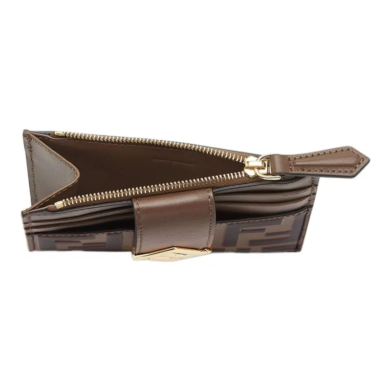 FENDI Calfskin Card Clip Card Holder Regular Women's Brown-3
