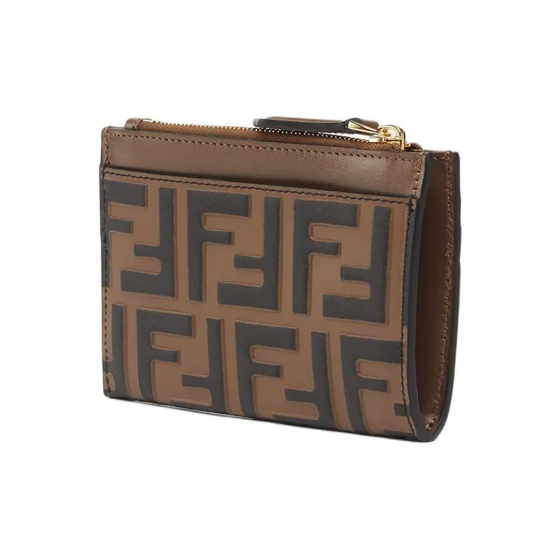 FENDI Calfskin Card Clip Card Holder Regular Women's Brown-1