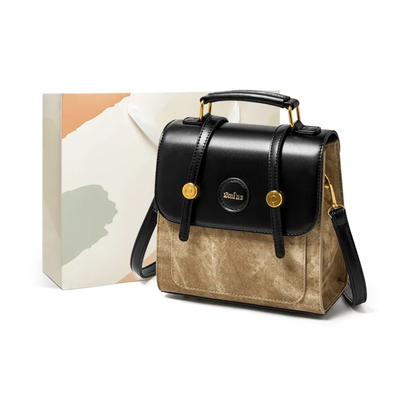 15 MINS Synthetic Leather Backpack Women's Khaki & Black/Beige White & Apricot-0