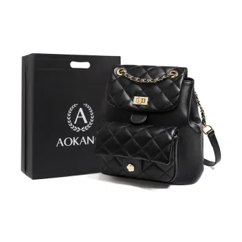 AOKANG Cow Leather Backpack, Diamond Pattern Chain Bag, Commuter Bag Medium Size Women's Classic Black/Ecru