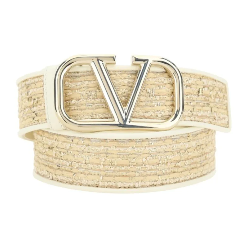 Valentino Logo Decoration Pin Buckle Raffia Leather Belts Women's Gold 4cm-1