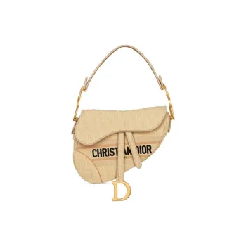 DIOR Saddle Embroidered Patchwork Raffia Saddle Bags One Shoulder Handbags Women's Beige
