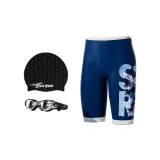 Blue Swimming Shorts+Swim Goggles+Swimming Cap Three-Piece Set, Includes Nose Clips/Ear Plugs