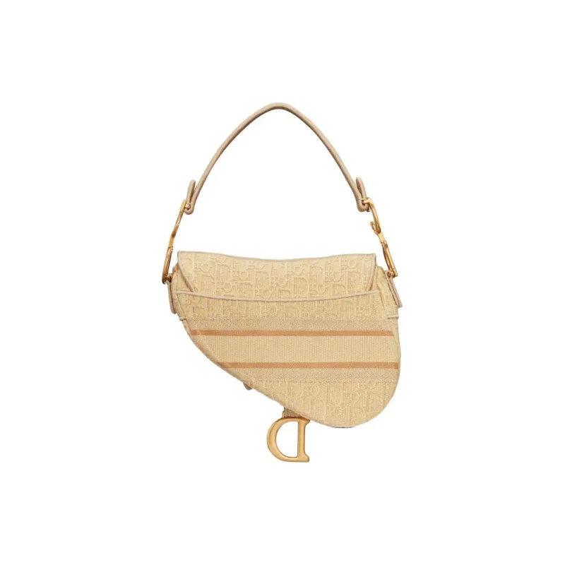 DIOR Saddle Embroidered Patchwork Raffia Saddle Bags One Shoulder Handbags Women's Beige-2