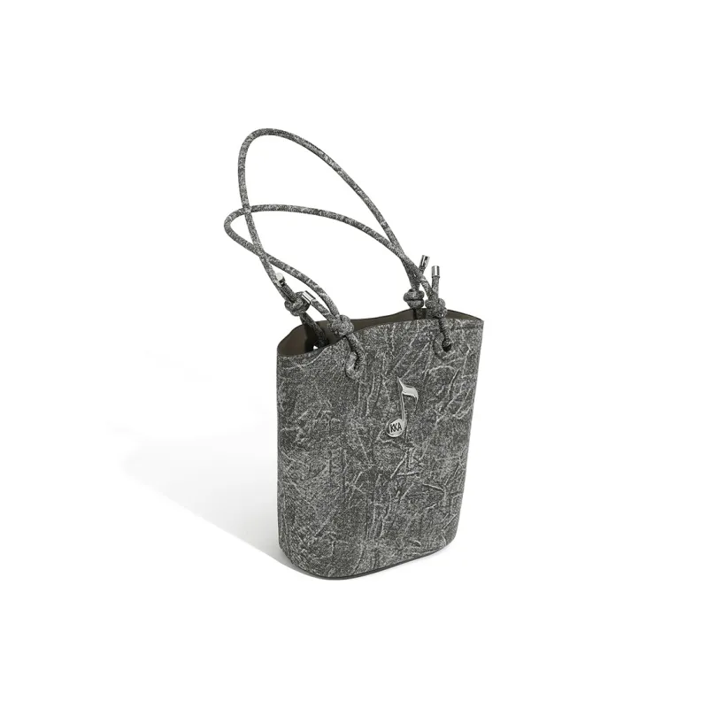 KKA PU Laminated Textile One Shoulder Handbag Crossbody Bag Women's Dark Gray/Black-3
