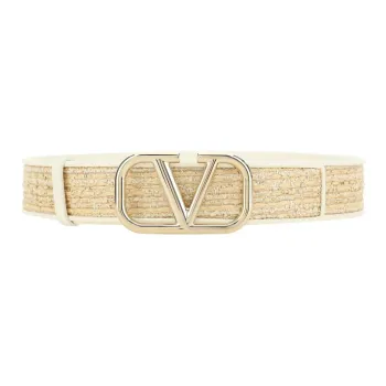 Valentino Logo Decoration Pin Buckle Raffia Leather Belts Women's Gold 4cm