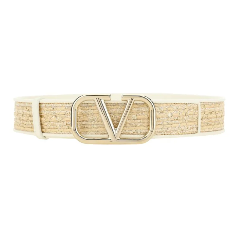 Valentino Logo Decoration Pin Buckle Raffia Leather Belts Women's Gold 4cm-0