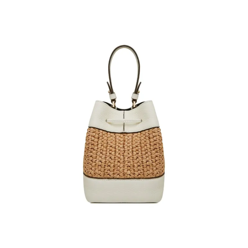 Strathberry Raffia Grained Cow Leather Bucket Bag Handbag Shoulder Bag Crossbody Bag Women's Natural & White-2