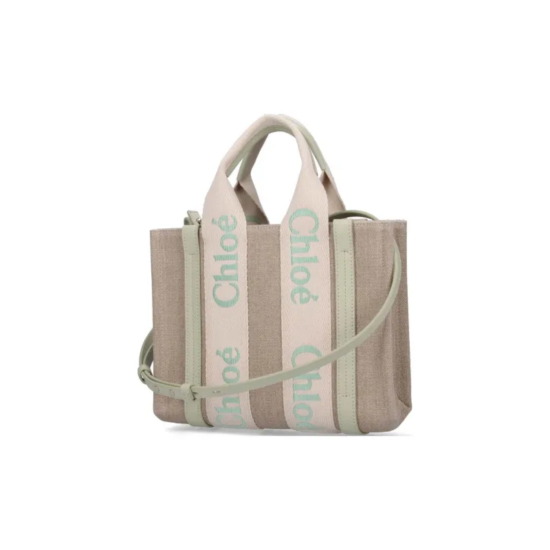 Chloe Woody Calfskin With Linen Tote Bag, Shopping Bag, Handbag Small Size Women's Candy Green & Brown-1