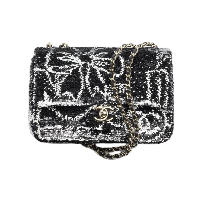 CHANEL Sequins Crossbody Bag, Shoulder Bag Women's Black & White-0