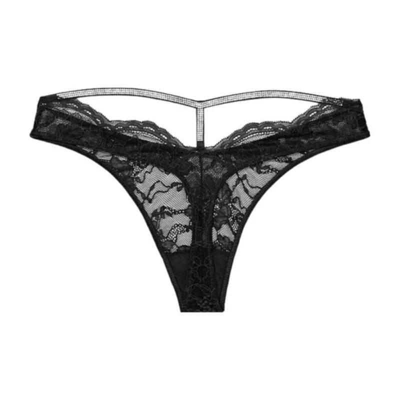 Victoria's Secret PINK VERY SEXY Shine Strap Lace Thong Panty/Black Underpants Women's 1 Pack Black-1