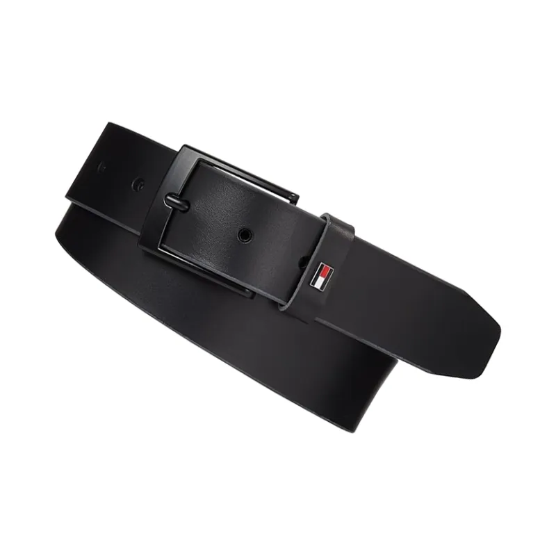 Tommy Hilfiger Solid Color Design Pin Buckle Leather Leather Belts Men's Black Width 3.5CM-1