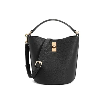 BELLE Cow Leather Bucket Bag, One Shoulder Handbag Medium Size Women's Black/Brown
